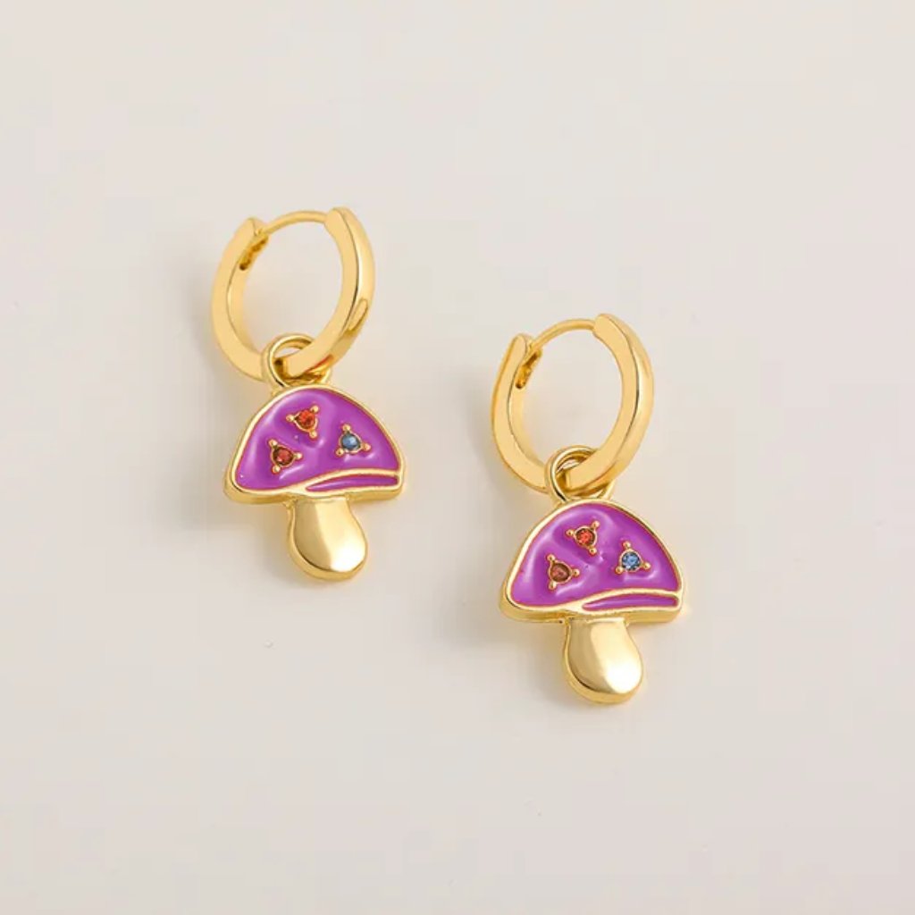 Gold Purple Enamel Mushroom Rhinestone Huggie Dangle Earrings New 16$